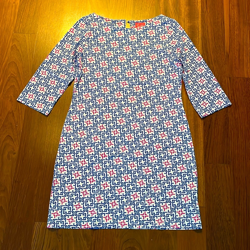 Britt dress. Blue and pink on white